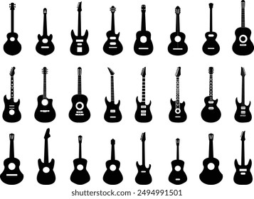 Guitars silhouette vector arts illustration. Black electric and acoustic music instrument, rock jazz guitar silhouette, music band guitars vector illustration icons set Pro Vector