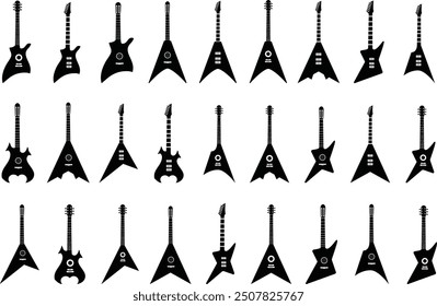 Guitars silhouette vector arts illustration. Black electric and acoustic music instrument, rock jazz guitar silhouette, music band guitars vector illustration icons set Pro Vector