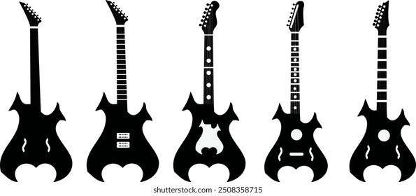 Guitars silhouette vector arts illustration. Black electric and acoustic music instrument, rock jazz guitar silhouette, music band guitars vector illustration icons set Pro Vector