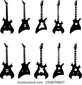 Guitars silhouette vector arts illustration. Black electric and acoustic music instrument, rock jazz guitar silhouette, music band guitars vector illustration icons set Pro Vector