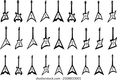 Guitars silhouette vector arts illustration. Black electric and acoustic music instrument, rock jazz guitar silhouette, music band guitars vector illustration icons set Pro Vector