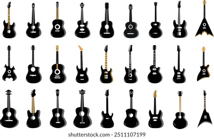 Guitars silhouette vector arts illustration. Black electric and acoustic, bass, Cartoon music instrument, rock, jazz guitar silhouette, music band guitars set of Black colors vector icons.