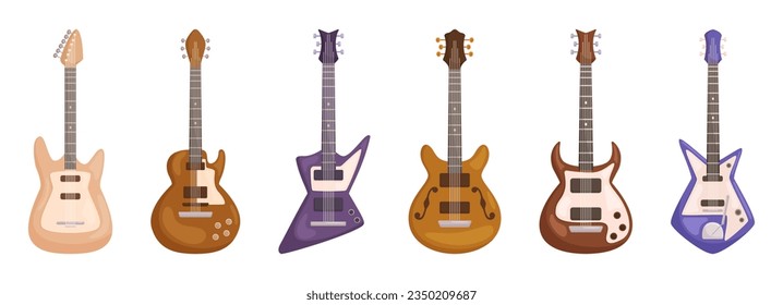 Guitars Are Stringed Musical Instruments With A Resonating Body And A Neck, Producing Sound When The Strings Are Plucked Or Strummed. They Come In Various Shapes And Sizes. Cartoon Vector Illustration