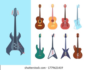 Guitars stylish set. Instruments acoustic for jazz country and heavy metal jumbo string deck form retro modern equipment for blues bands form of classical electric musical. Cartoon vector studio.