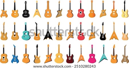 Guitars vector art illustration. Electric and acoustic, bass, Cartoon music instrument, rock jazz guitar silhouette, music band guitars set of different colors vector icons.