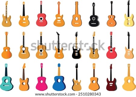 Guitars vector art illustration. Electric and acoustic, bass, Cartoon music instrument, rock jazz guitar silhouette, music band guitars set of different colors vector icons.
