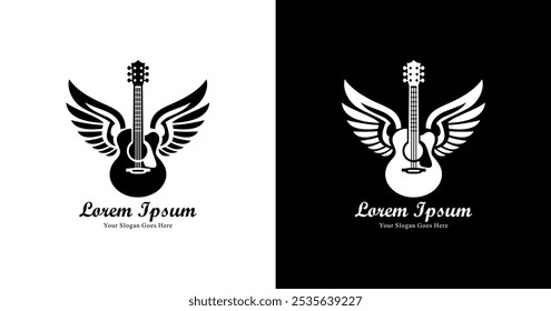 Guitar-shaped logo design combined with wings and modern style