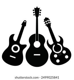 Logotipo o icono de Vector de guitarra o ilustración de Clipart. Guitarra Acústica. Silueta del icono de Guiter. Ícono de guitarra, ícono de instrumento de guitarra Vector negro.