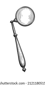 Guizzing glass. Vintage lens. Ink sketch isolated on white background. Hand drawn vector illustration. Retro style.