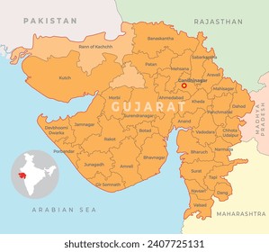 Mapa de localización del distrito de Gujarat con estado vecino