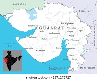 Gujarat district map with capital Gandhinagar, state of India