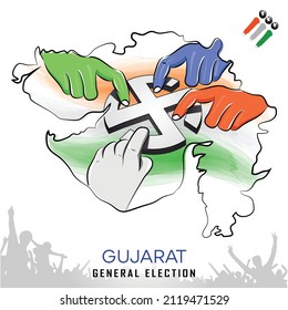 Gujarat General Election Voting with voting hands, Gujarat Map, Crowd People Hand with Indian tricolor - Vector illustration Drawing