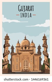 Afiche retro de Gujarat. Dibujo de viaje de Gujarat. Tarjeta de felicitación de los estados de la India. Mahabat Maqbara.