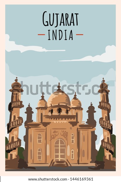 Gujarat Retro Poster Gujarat Travel Illustration Stock Vector (Royalty ...