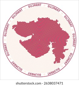 Gujarat round logo design. State shape built of rings. Gujarat text around the state. Vector illustration.