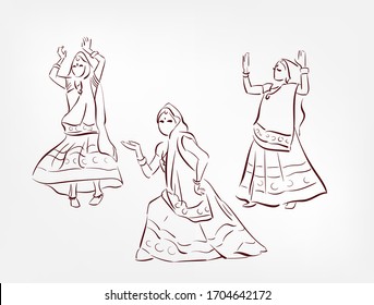 Gujarat state India ethnic indian woman girl dance traditional sketch isolated design element