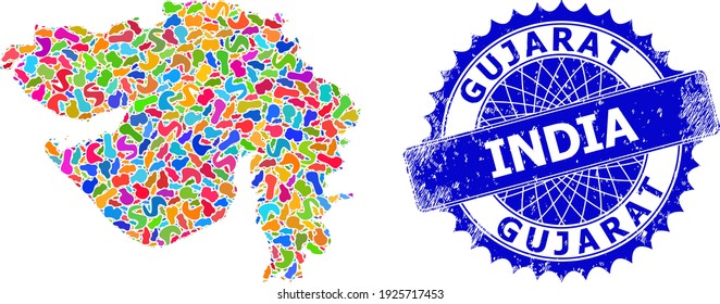 Gujarat State map abstraction. Blot mosaic map and scratched seal for Gujarat State. Sharp rosette blue stamp seal with text for Gujarat State map.