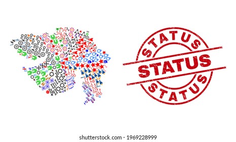Gujarat State map collage and textured Status red round stamp print. Status stamp uses vector lines and arcs. Gujarat State map collage includes gears, homes, showers, bugs, people, and more icons.