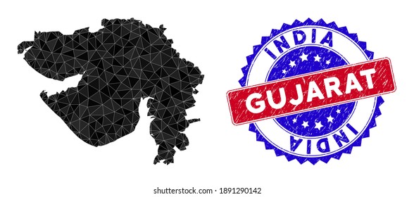 Gujarat State map polygonal mesh with filled triangles, and unclean bicolor stamp seal. Triangle mosaic Gujarat State map with triangular vector model, triangles have different sizes, and positions,