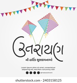 Gujarati Calligraphy traditional design of Happy Uttarayan. Eng means Makar Sankranti