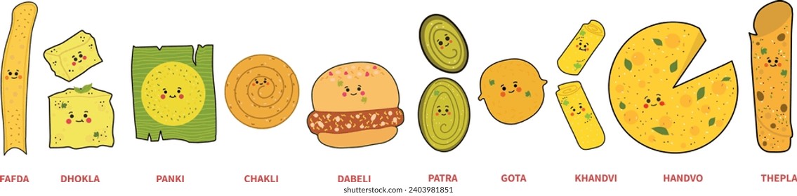 Gujarati food illustration, Gujarati snacks vector icon isolated,patra,dhokla,fafda icon set,cute avatar,