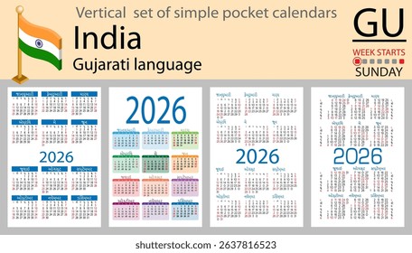 Gujarati language. India vertical Set of pocket calendars for 2026 (Two thousand twenty six). Week starts Sunday. New year. Color simple design. Vector