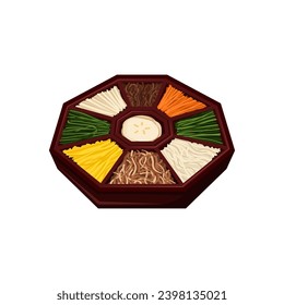 Gujeolpan an elaborate Korean dish consisting of nine different foods assorted on a wooden plate. Korean royal court cuisine