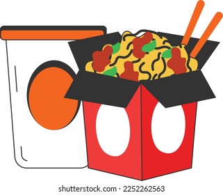 guksu or myeon pocket with sticks vector icon design, Fast Food symbol, Junk food sign, popular inexpensive good taste snacks stock illustration, chow mein with can concept