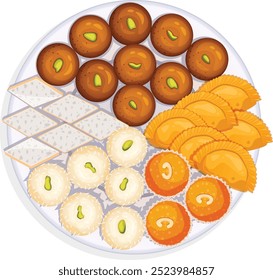 Gulab Jamun, Kaju Katli, Gujiya, Motichoor Laddu und Rusgullas in Plate. Indische Mischung Süßigkeiten Top View Illustration 