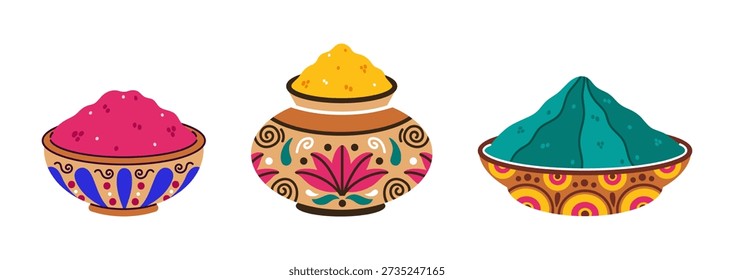 Gulal powder set of vector illustrations. Vibrant dye for the Indian festival of Holi. A clay pots with ethnic ornaments. Colorful dust, ritual pigment. Cartoon clip art, spring holiday of colors