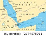 Gulf of Aden area, connecting Red Sea and Arabian Sea, political map