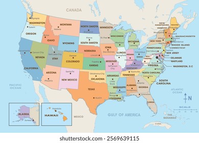 Gulf of America, detailed map of the United States featuring all states, capitals, and major cities. Ideal for educational use, travel guides, and presentations.