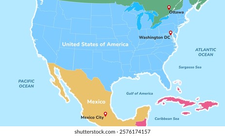 Gulf of America. North America map with countries Mexico and United States with borders. Map of US states and Gulf of America. Vector illustration.