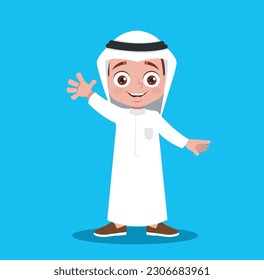 A Gulf Arab child greets with his hand, Cute Happy