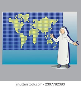 A Gulf Arab man points to a map of the world