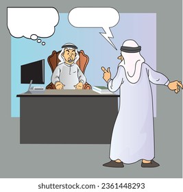 A Gulf Arab man sits at a manager's desk and an employee is talking to him in front of him