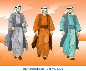 Gulf Arab men wearing old Arab dress walking in the desert