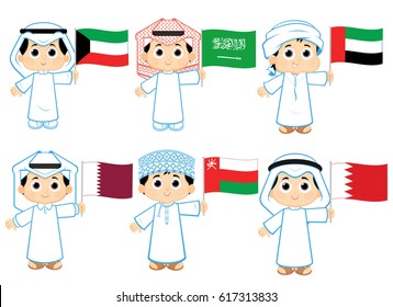 Gulf Cooperation Council Flags ( Kuwait . Saudi Arabia . United Arab Emirates , Qatar ,  Oman and  Bahrain )