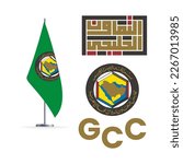 Gulf Cooperation Council GCC , A flag, emblem and shape in Kufic script representing the Gulf countries.