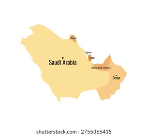 Gulf Cooperation Council map. GCC yellow countries with labels. Bahrain Kuwait Oman Qatar Saudi Arabia United Arab Emirates borders isolated on white background. Vector
