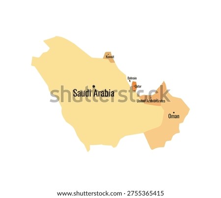 Gulf Cooperation Council map. GCC yellow countries with labels. Bahrain Kuwait Oman Qatar Saudi Arabia United Arab Emirates borders isolated on white background. Vector