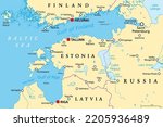 Gulf of Finland and Gulf of Riga region, political map. Nordic countries Finland, Estonia and Latvia with capitals Helsinki, Tallinn and Riga, and seaway from Baltic Sea to Saint Petersburg, Russia.
