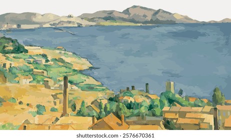 Cezanne’s Gulf of Marseilles border, post-impressionist landscape painting, landscape painting border vector element. Vintage landscape border art drawing illustration, old painting art print.