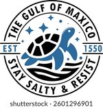 The Gulf of Mexico vector design featuring a sea turtle, waves, and vintage typography. Perfect for t-shirts, mugs, tote bags, and more. Ideal for marine lovers and coastal-themed merchandise.