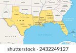 Gulf States of the United States, also called Gulf South or South Coast, political map. Coastline along Southern United States at Gulf of Mexico. Texas, Louisiana, Mississippi, Alabama and Florida.