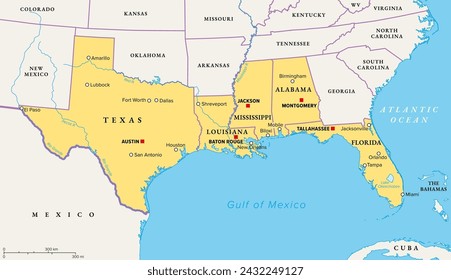 Gulf States of the United States, also called Gulf South or South Coast, political map. Coastline along Southern United States at Gulf of Mexico. Texas, Louisiana, Mississippi, Alabama and Florida.