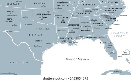 Gulf States of the United States, also called Gulf South or South Coast, political map. Coastline along Southern United States at Gulf of Mexico. Texas, Louisiana, Mississippi, Alabama and Florida.