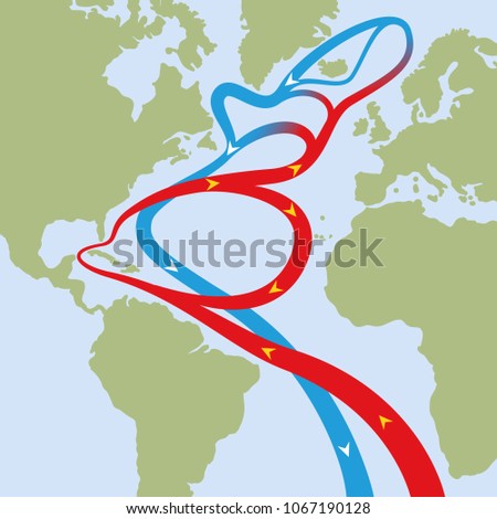 Gulf stream in atlantic ocean. Circular flows of red warm surface currents and blue cool deep-water currents that cause weather phenomena like hurricanes and is influential on the worlds climate.