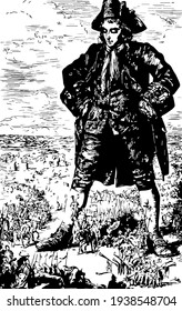 Guliver and the Royal Army, this scene shows a giant man and the king with his army marching between his legs, soldiers holding spears, trumpets and flags, vintage line drawing or engraving