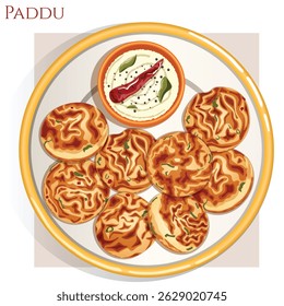 Guliyappa or Paddu with Coconut Chutney on Plate. Traditional Karnataka Tiffin Meal Flat Lay Illustration
